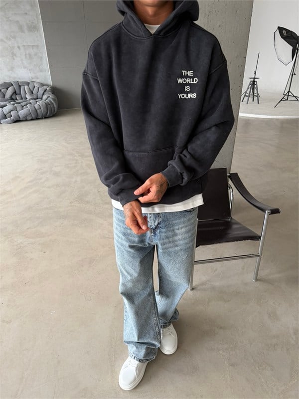 The World Is Your Premium Acid Yıkama Hoodie