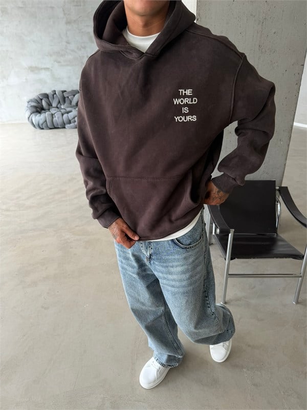The World Is Your Premium Acid Yıkama Hoodie