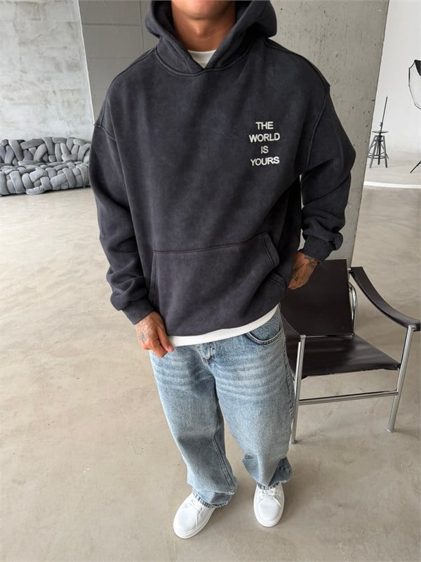The World Is Your Premium Acid Yıkama Hoodie