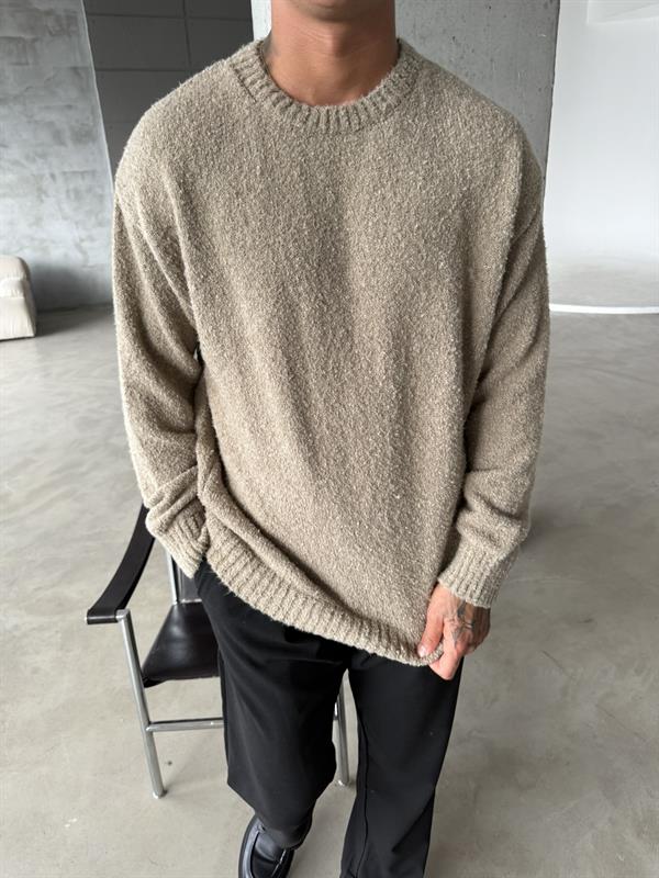 Tüylü Peluş Triko Kazak - Kahve