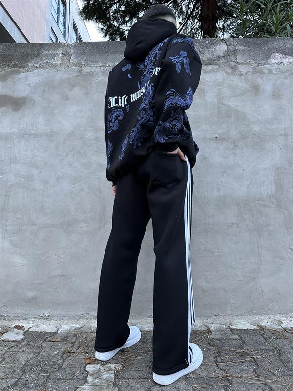 Üç Şeritli Baggy Eşofman Altı  - Siyah