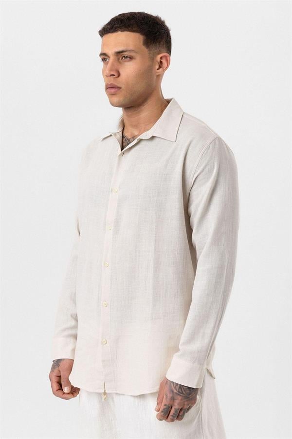 Uzun Kollu Basic Oversize Gömlek - Bej