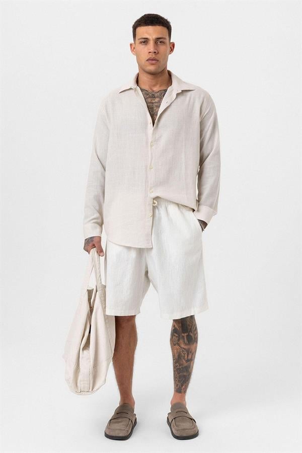 Uzun Kollu Basic Oversize Gömlek - Bej