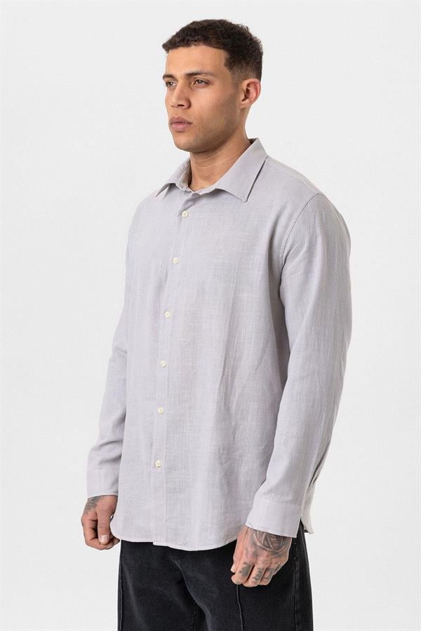 Uzun Kollu Basic Oversize Gömlek - Gri
