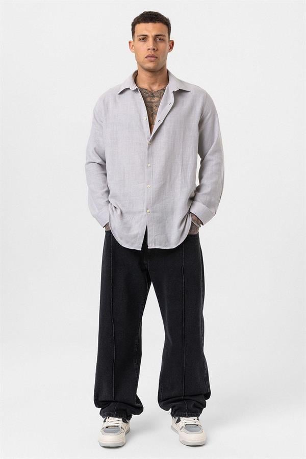 Uzun Kollu Basic Oversize Gömlek - Gri