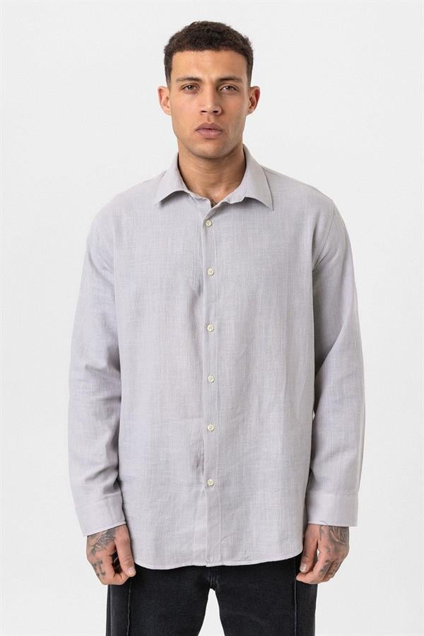 Uzun Kollu Basic Oversize Gömlek - Gri