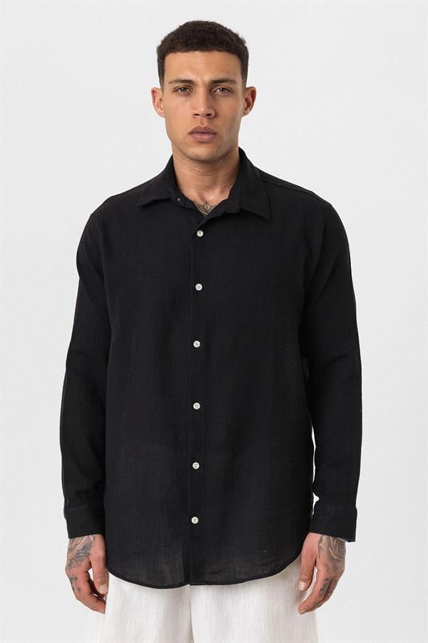 Uzun Kollu Basic Oversize Gömlek - Siyah