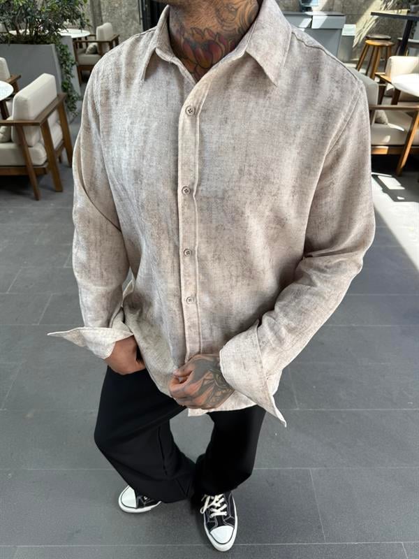 Uzun Kollu Desenli Oversize - Bej