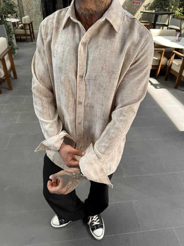 Uzun Kollu Desenli Oversize - Bej