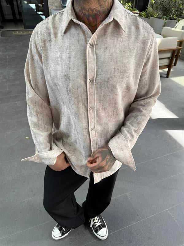 Uzun Kollu Desenli Oversize - Bej