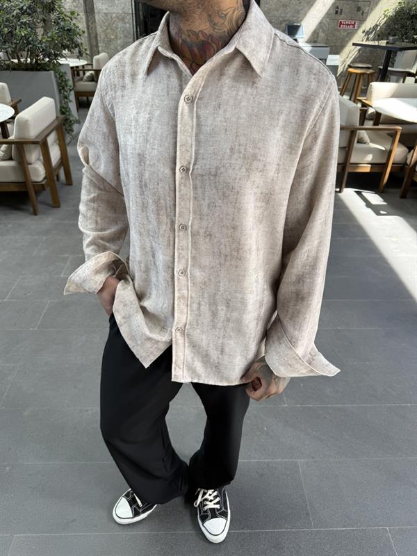 Uzun Kollu Desenli Oversize - Bej