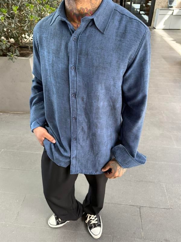 Uzun Kollu Desenli Oversize - Mavi