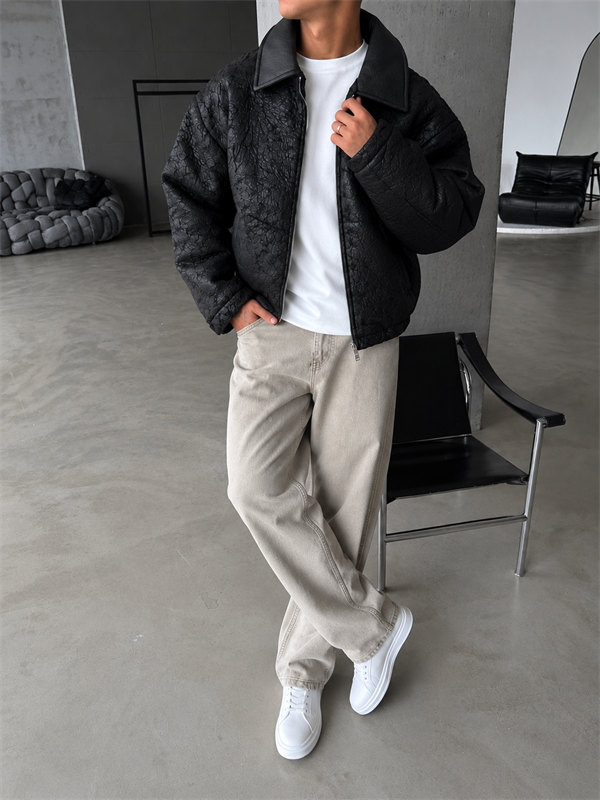 Vintage Wash Deri Yaka Bomber Ceket
