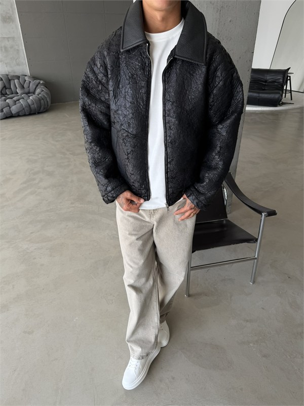 Vintage Wash Deri Yaka Bomber Ceket