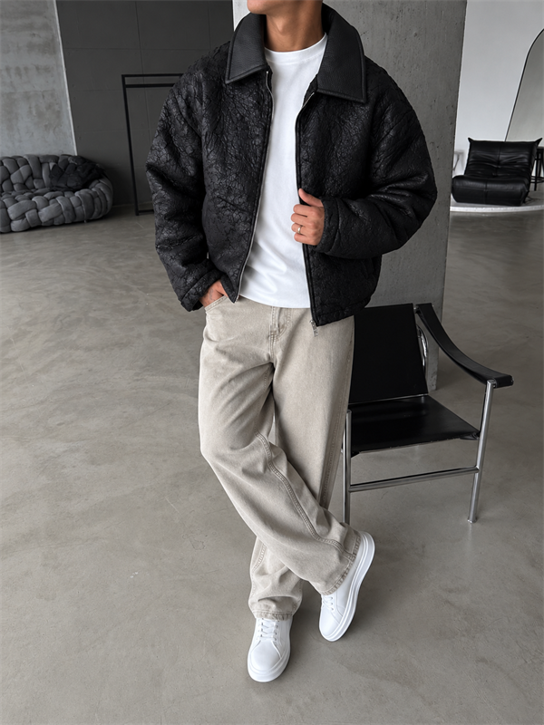 Vintage Wash Deri Yaka Bomber Ceket
