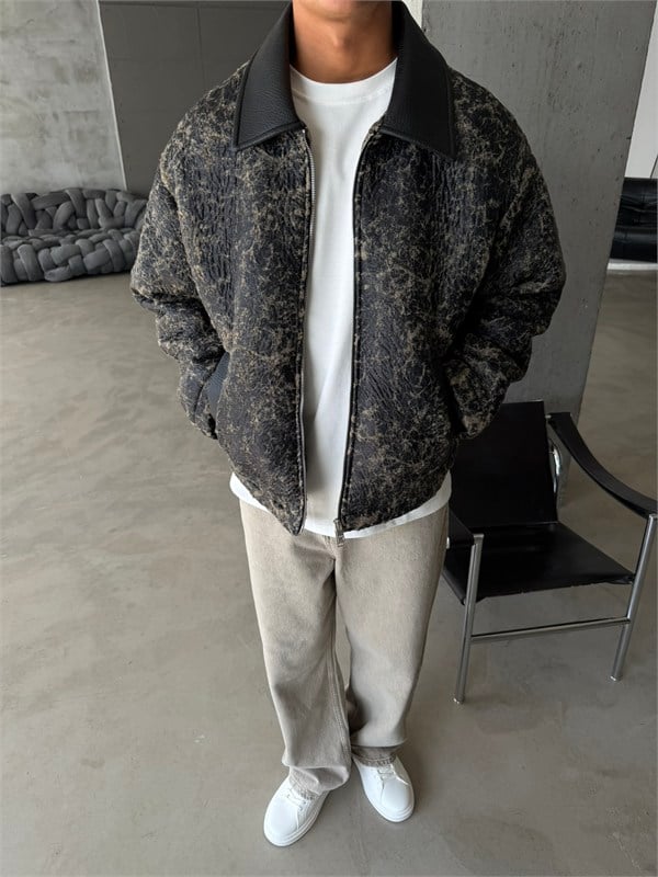 Vintage Wash Deri Yaka Bomber Ceket