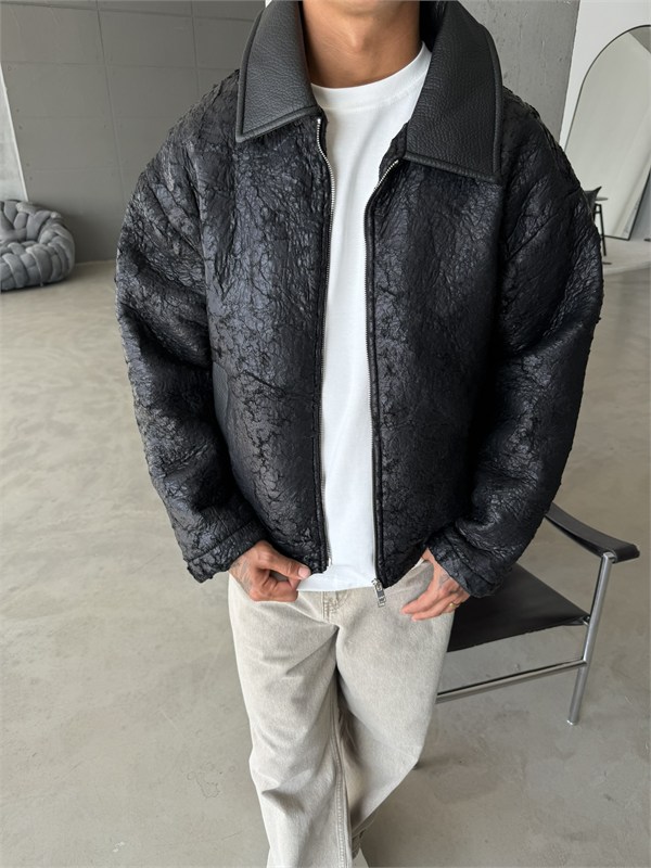 Vintage Wash Deri Yaka Bomber Ceket