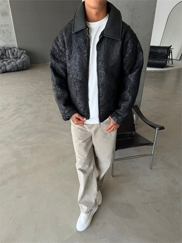 Vintage Wash Deri Yaka Bomber Ceket