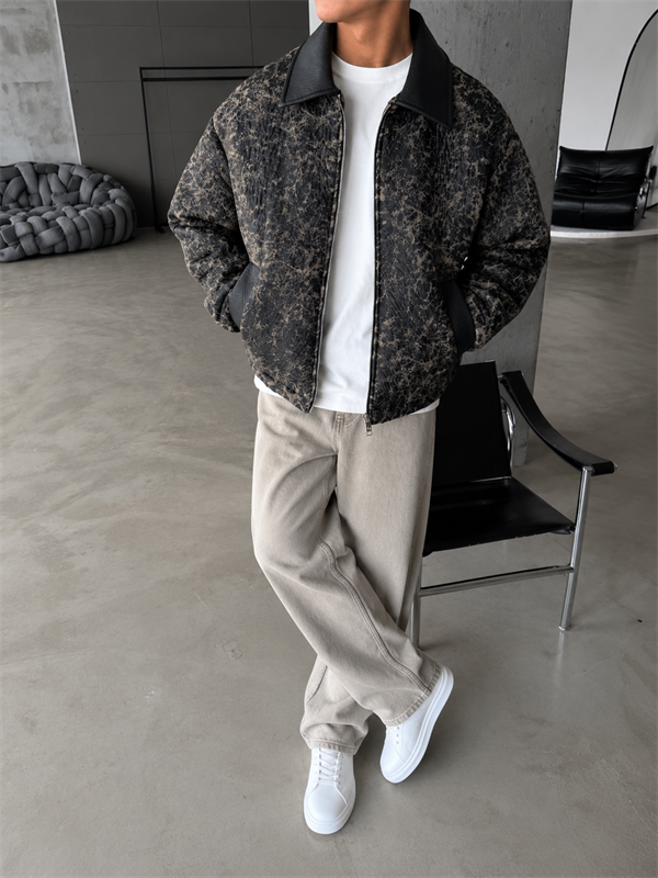 Vintage Wash Deri Yaka Bomber Ceket
