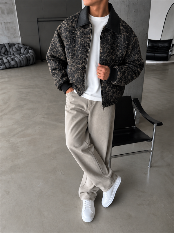 Vintage Wash Deri Yaka Bomber Ceket