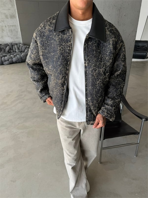 Vintage Wash Deri Yaka Bomber Ceket