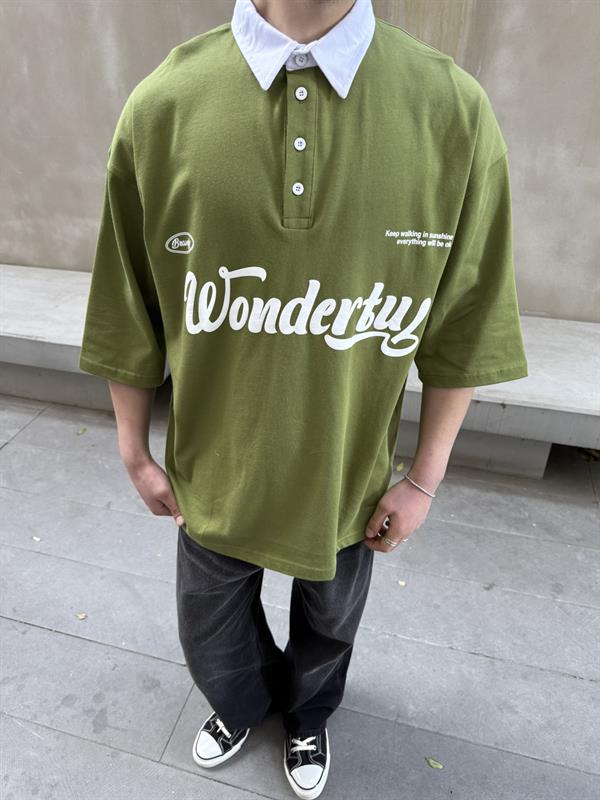 Wondertub Baskılı Polo Yaka - T-Shirt - Haki