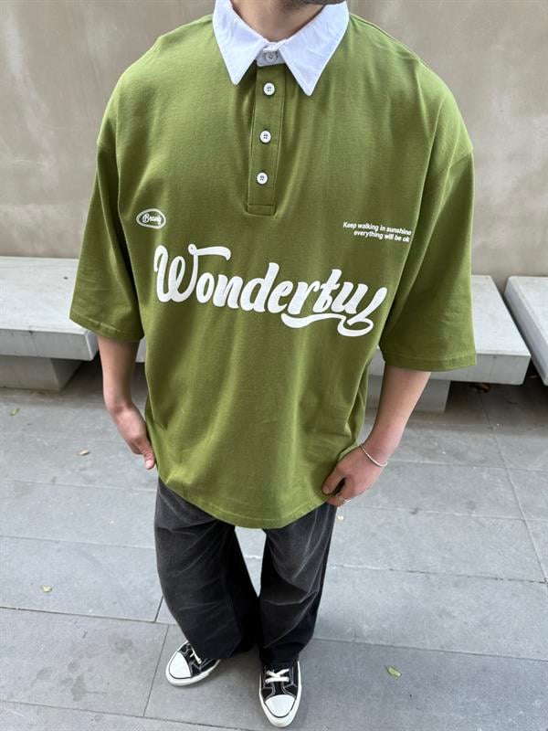 Wondertub Baskılı Polo Yaka - T-Shirt - Haki
