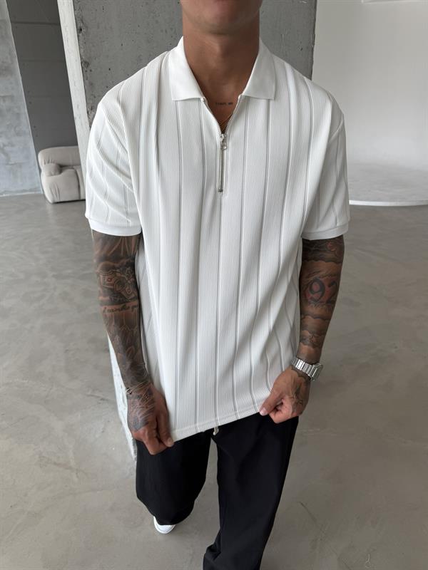 Yarım Fermuar Fitilli Regular Fit  Polo Yaka T-Shirt -Beyaz