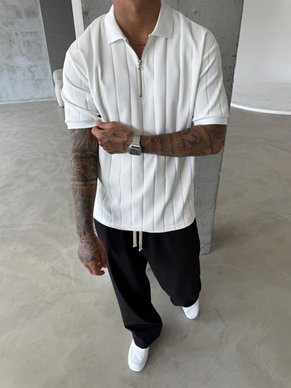 Yarım Fermuar Fitilli Regular Fit  Polo Yaka T-Shirt -Beyaz