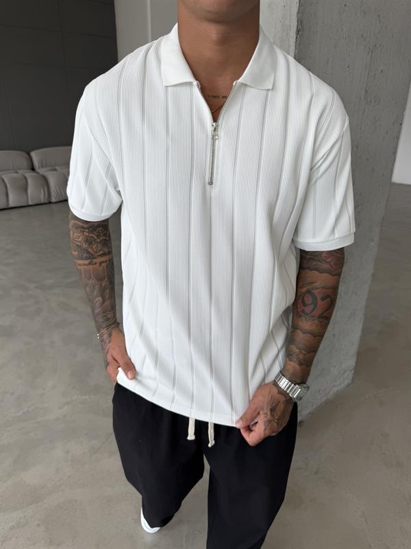 Yarım Fermuar Fitilli Regular Fit  Polo Yaka T-Shirt -Beyaz