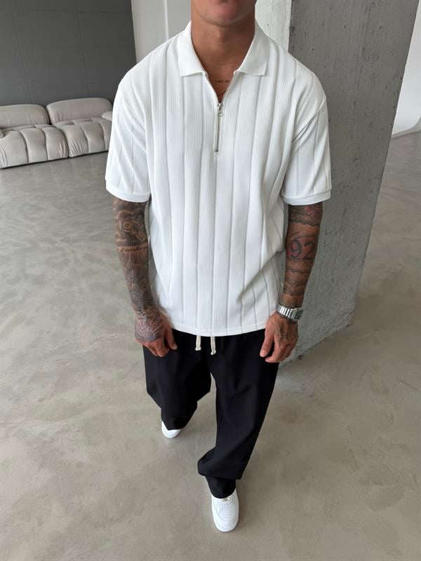 Yarım Fermuar Fitilli Regular Fit  Polo Yaka T-Shirt -Beyaz