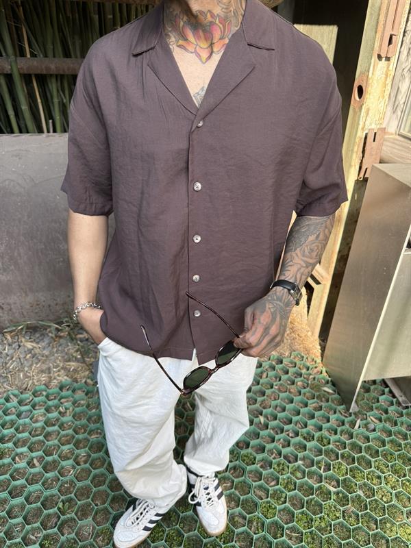 Yarım Kol Basic Gömlek - Kahve