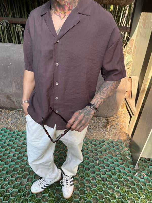 Yarım Kol Basic Gömlek - Kahve