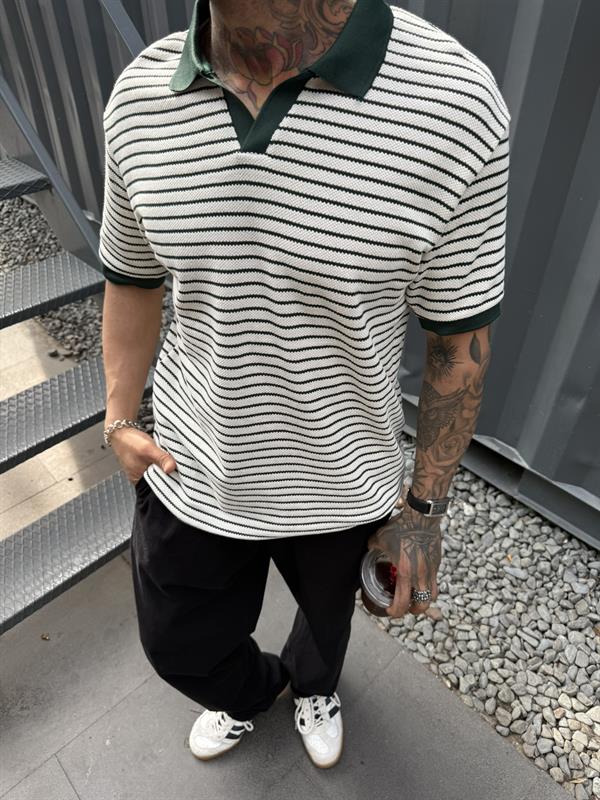 Yarım Pat Gömlek Yaka Çizgili Triko T-Shirt  - Yeşil