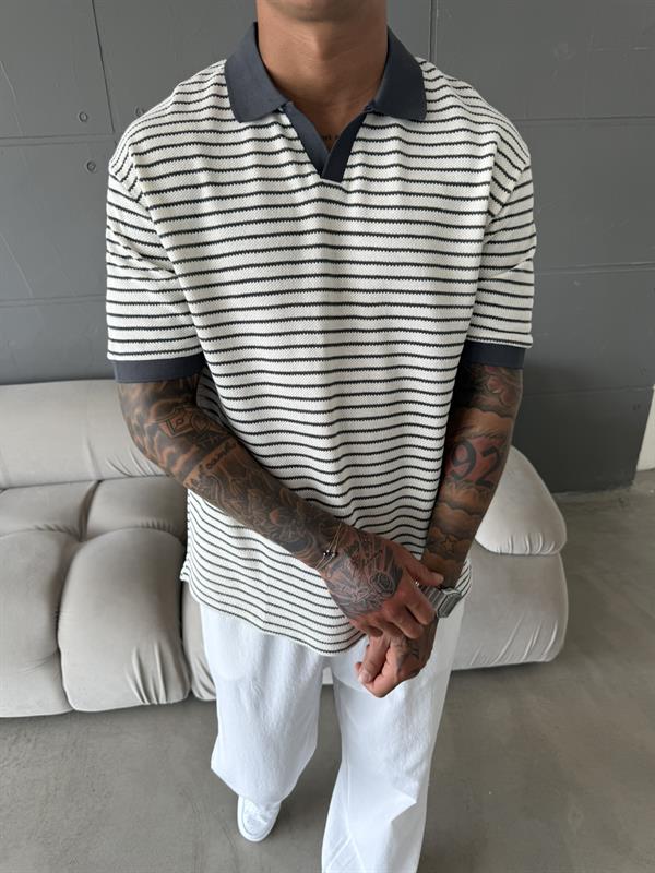 Yarım Pat Gömlek Yaka Çizgili Triko T-Shirt  - Gri