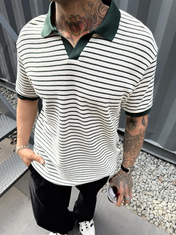 Yarım Pat Gömlek Yaka Çizgili Triko T-Shirt  - Yeşil