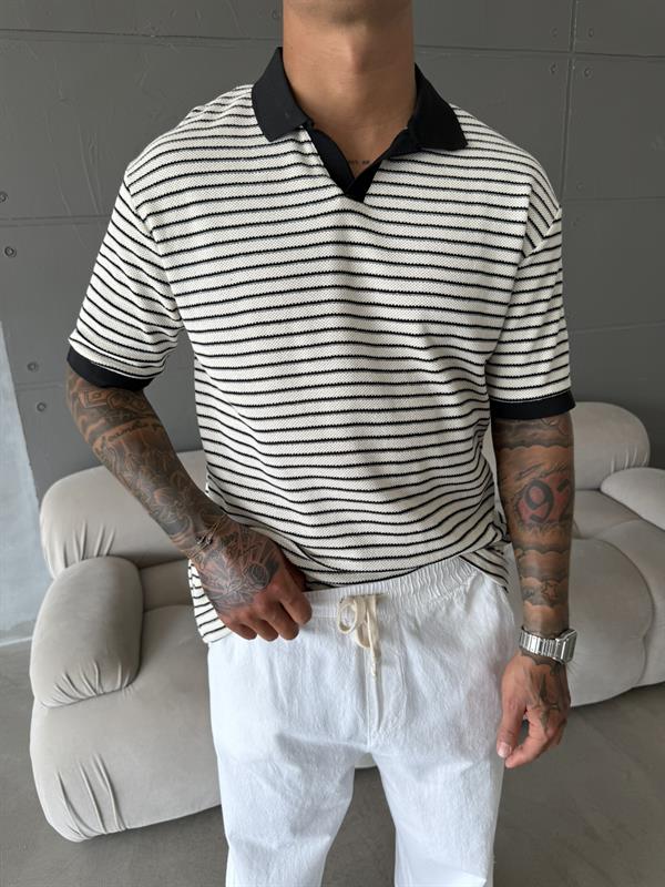 Yarım Pat Gömlek Yaka Çizgili Triko T-Shirt  - Beyaz