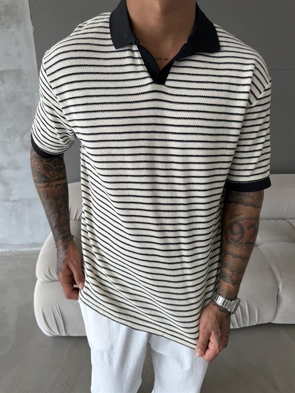 Yarım Pat Gömlek Yaka Çizgili Triko T-Shirt  - Beyaz