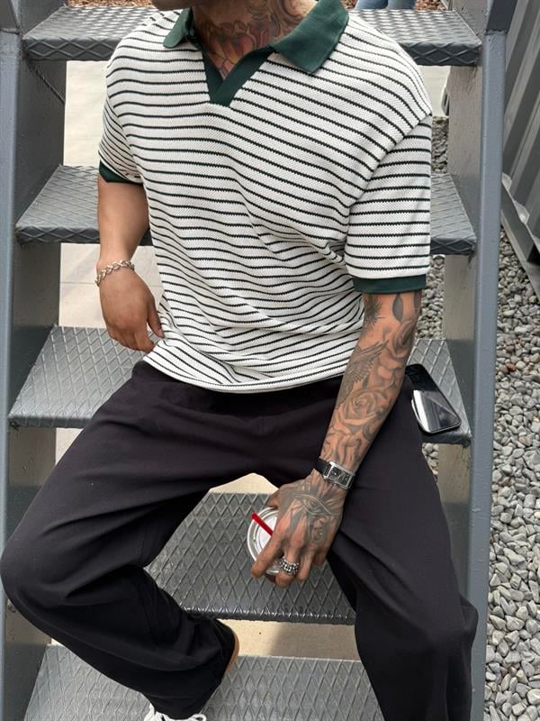 Yarım Pat Gömlek Yaka Çizgili Triko T-Shirt  - Yeşil