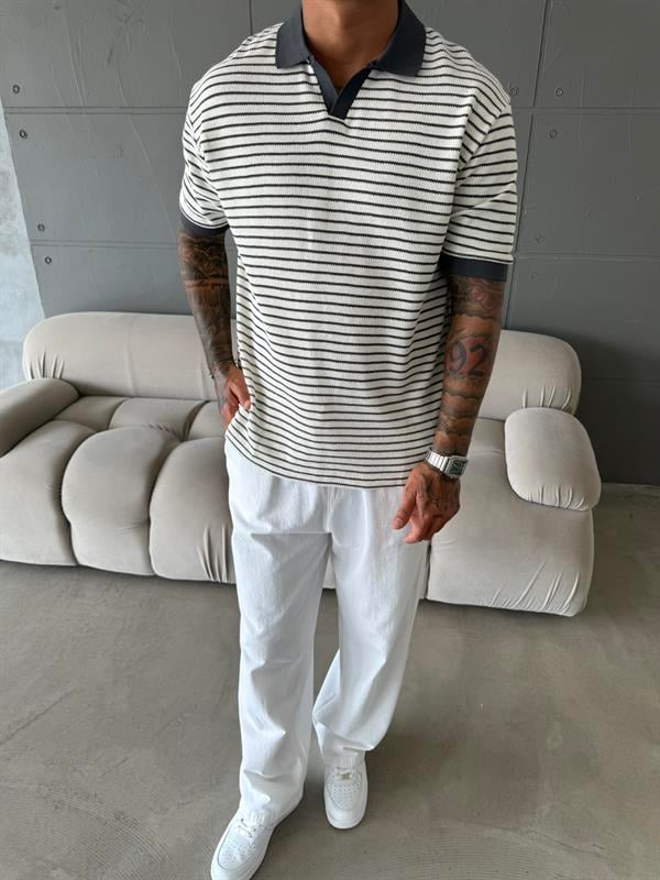 Yarım Pat Gömlek Yaka Çizgili Triko T-Shirt  - Gri