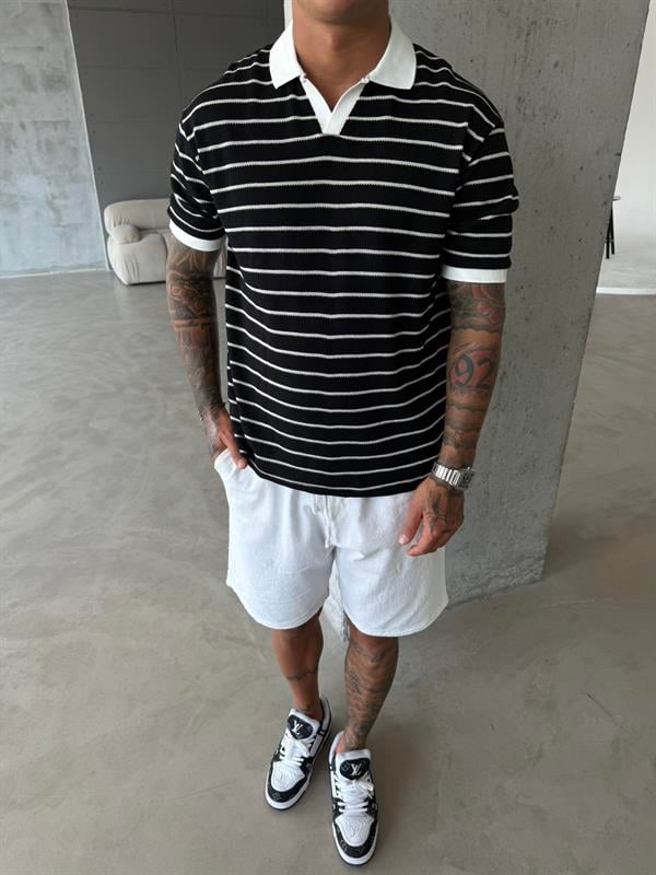 Yarım Pat Gömlek Yaka Çizgili Triko T-Shirt  - Siyah