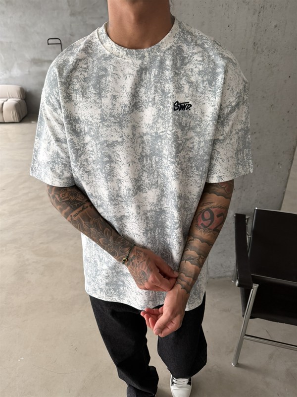 Yıkamalı Basic Nakışlı Acid T-Shirt - Beyaz