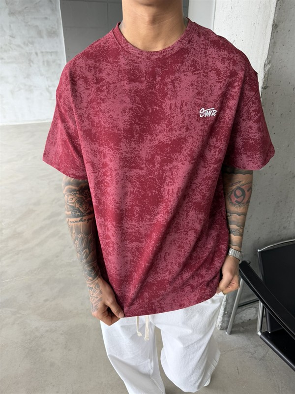 Yıkamalı Basic Nakışlı Acid T-Shirt - Bordo