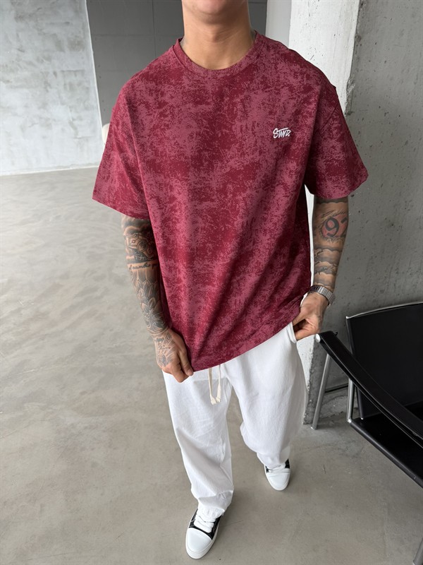 Yıkamalı Basic Nakışlı Acid T-Shirt - Bordo