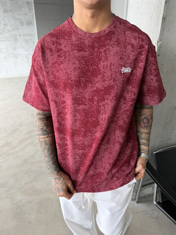 Yıkamalı Basic Nakışlı Acid T-Shirt - Bordo