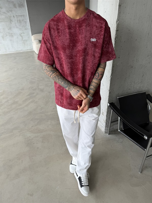 Yıkamalı Basic Nakışlı Acid T-Shirt - Bordo