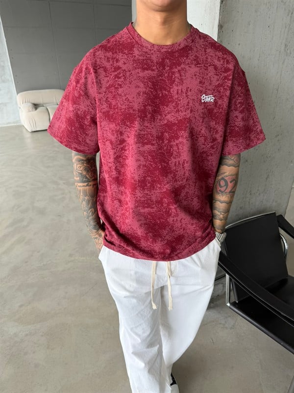 Yıkamalı Basic Nakışlı Acid T-Shirt - Bordo