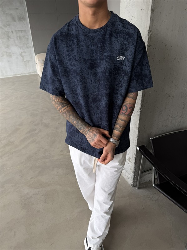 Yıkamalı Basic Nakışlı Acid T-Shirt - İndigo