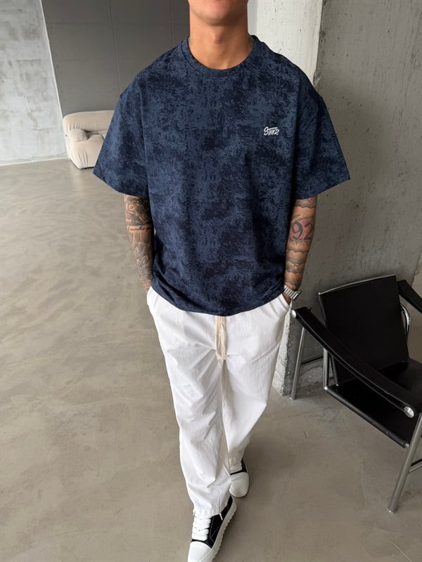 Yıkamalı Basic Nakışlı Acid T-Shirt - İndigo