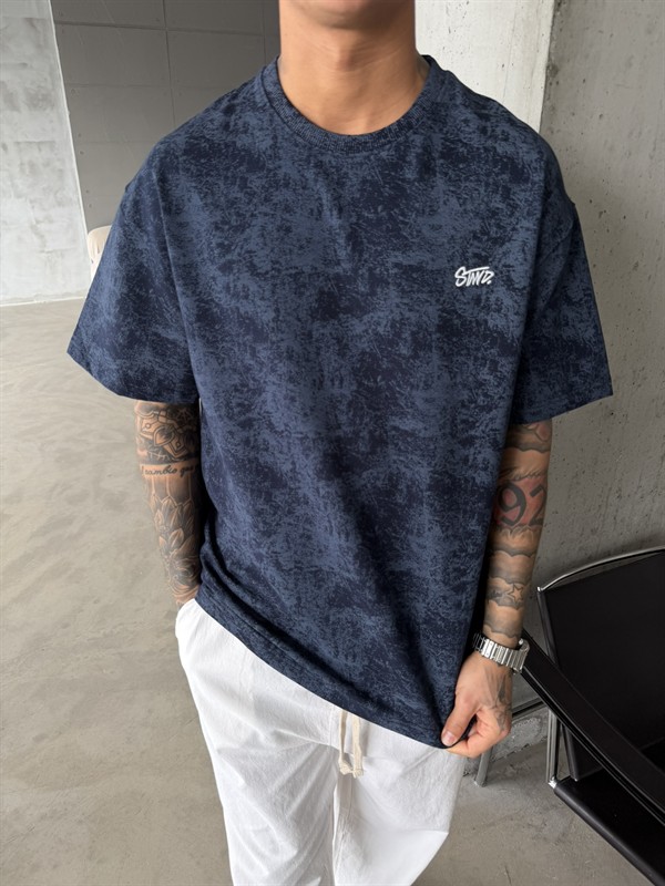 Yıkamalı Basic Nakışlı Acid T-Shirt - İndigo